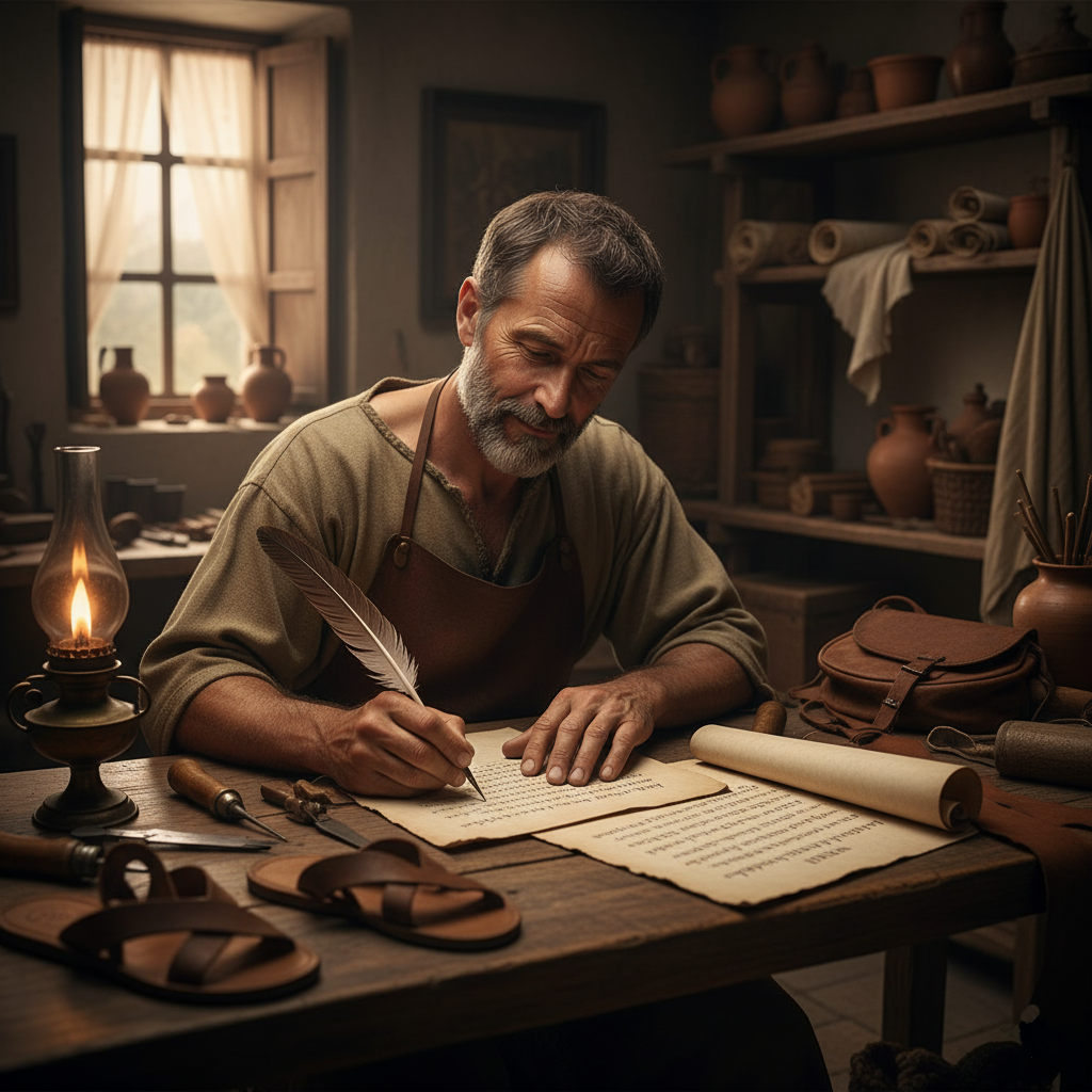 Man writing at a desk in a rustic room with a lamp and scrolls.