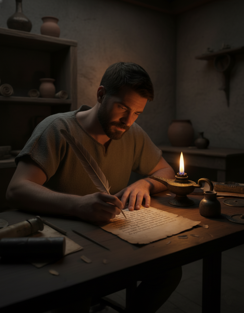 Man writing at a desk with a candlelit setting